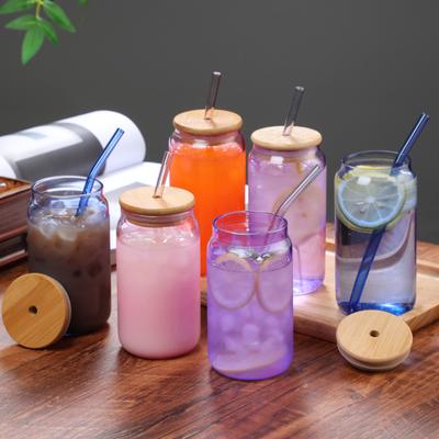 550ml Farbige Trinkgläser mit Bambusdeckeln und Glasstrohhalm, Dosenförmige Tassen, Biergläser, Eiskaffee, Süße Becher Tasse