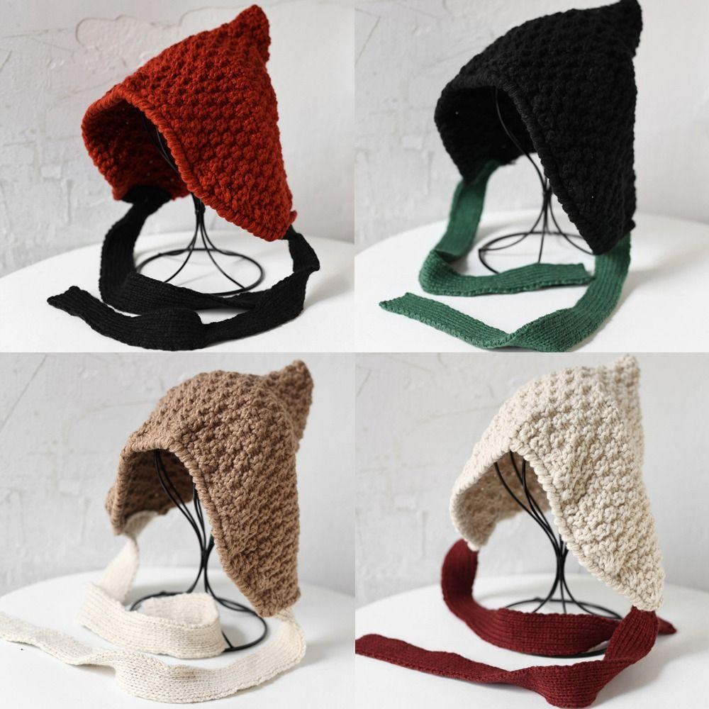 Woolen Yarn Knitted Loose Tie Up Hood Loose Fitting Warm Warm Hat Windproof Soft and Skin Friendly Ear Protection Hat