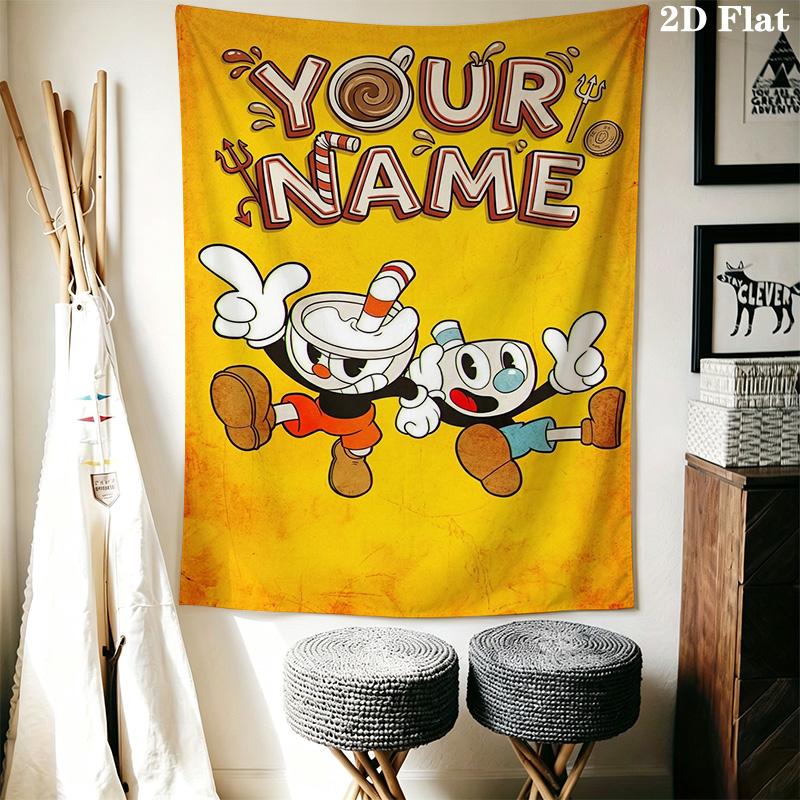 Name Custom Cuphead Game Wall Tapestry Aesthetic Wall Hanging Printed Fabric Blanket Decorative Tapestries for Bedroom Living Room Home Decor