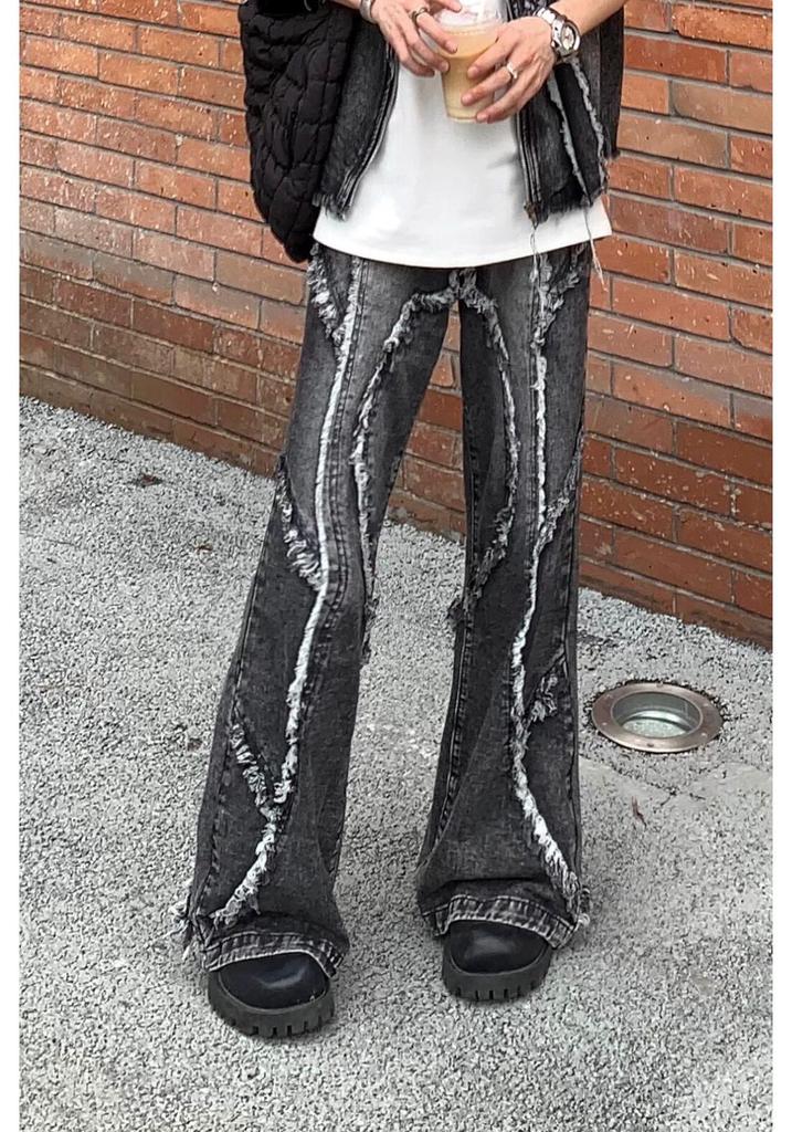 Old Uncle Tie-Dye Distressed Denim Set: Micro-Flare Jeans & Patchwork Jacket with Frayed Hem