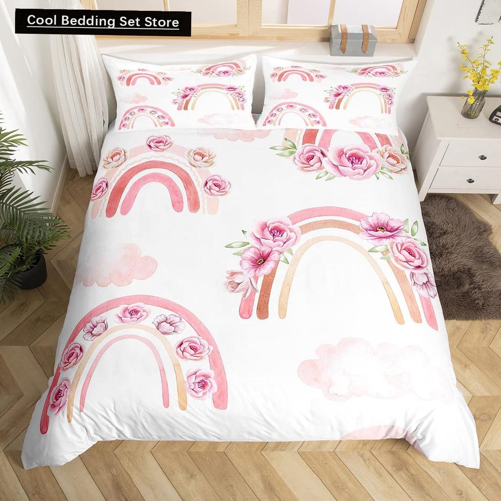 Cartoon Regenbogen König Königin Bettbezug Kinder Mädchen Bunte Wolken Bettwäsche Set Liebesherz Bettdeckenbezug Polyester Steppdeckenbezug