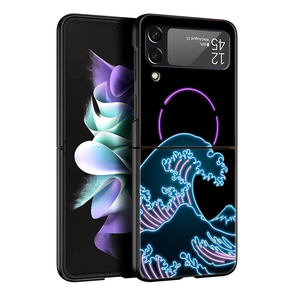 Phone Case for Samsung Galaxy Z Flip 3 4 5 Folding Mobile Shell Hard PC Fundas Capa Protect Cover Flamingo Neon Flower Wave Art
