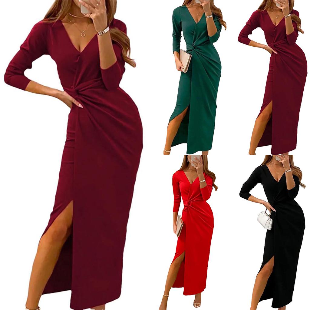 Damenmode, einfarbig, V-Ausschnitt, lange Ärmel, offenes Kleid, Abendkleid