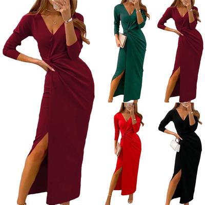 Women's Fashion Solid Color V-Neck Long Sleeve Open Dress Evening Dress