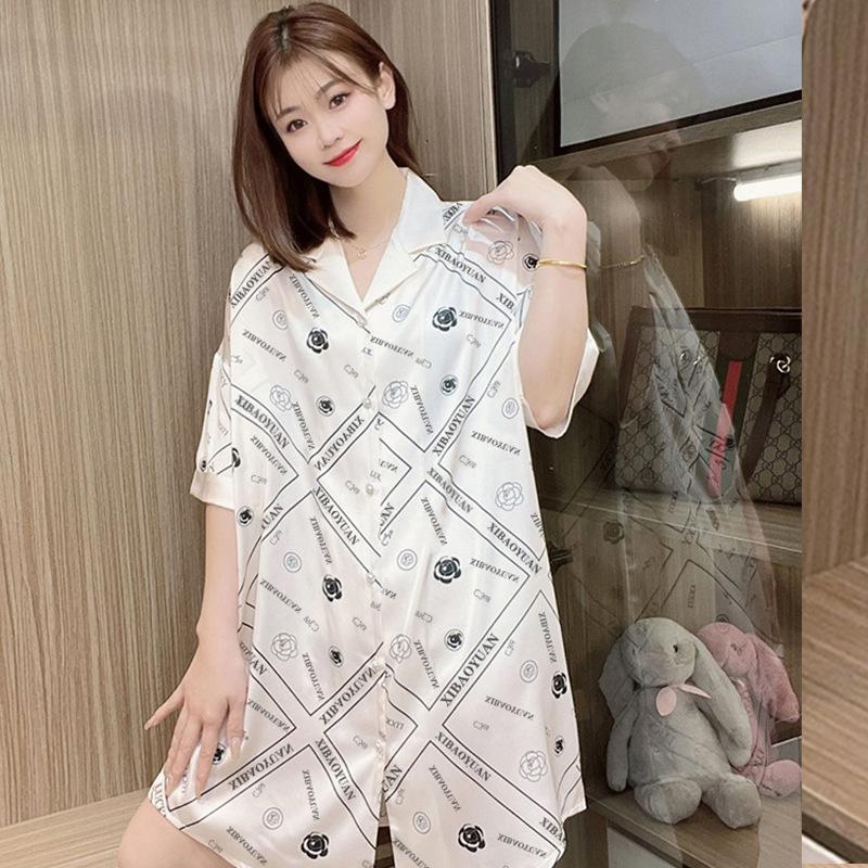 

Ночная сорочка из ледяного шелка женская летняя с коротким рукавом средней длины свободная простая однотонная повседневная и милая женская пижама 2XL