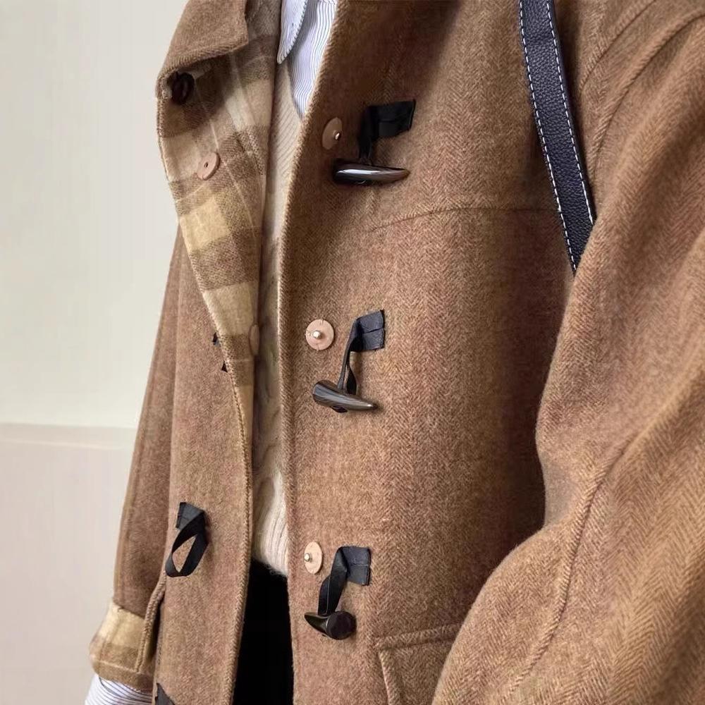 Winter Retro College Style Karomuster Knebelverschluss Doppelseitiger Wollmantel Gerader Langer Wollmantel Damen