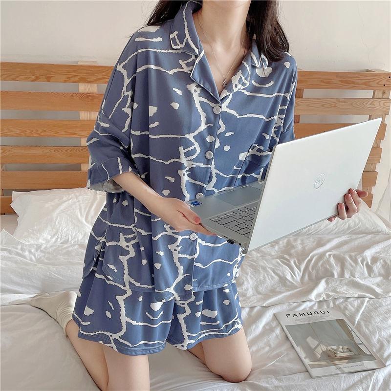 Letní pyžamo Dámské šortky s krátkým rukávem Mašle Volný Cardigan Léto lze nosit jako sadu domácího oblečení
