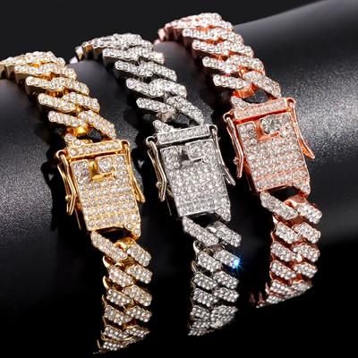 12MM Rhinestones Prong Iced Out Cuban Link Chain Hip Hop Bracelet Men Women Gold Color Bling Cuban Bracelet Jewelry A+