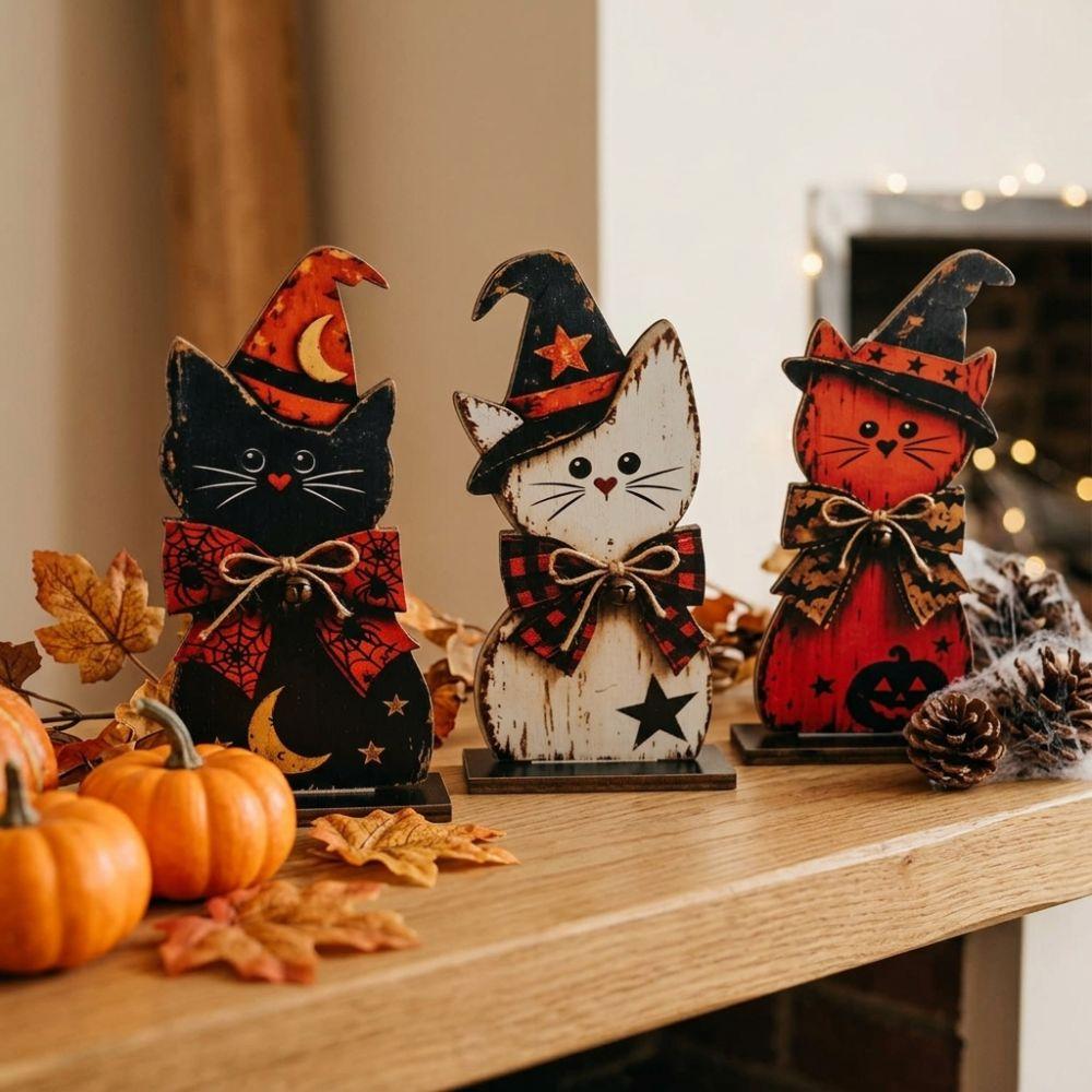 3Pcs Autumn Vintage Black Cat Tabletop Sign Witch Hat Cat Table Ornament  Autumn Harvest