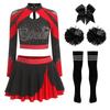 Uniforme Brillante da Cheerleading da Donna Manica Lunga Strass Crop Top Gonna da Pattinaggio