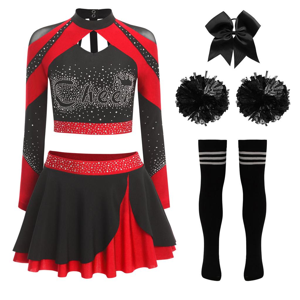 Uniforme Brillante da Cheerleading da Donna Manica Lunga Strass Crop Top Gonna da Pattinaggio