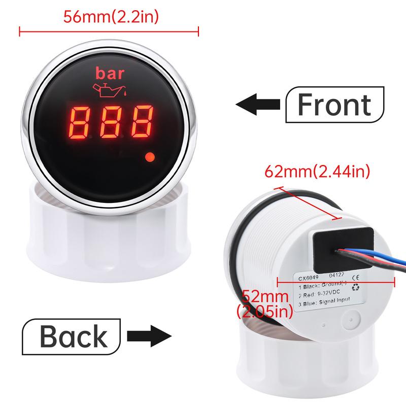 52mm Digital Oil Pressure Gauge Red Backlight with Alarm 0~10 Bar Oil Press Meter 1/8NPT Sensor for Auto Car Boat Marine 12V 24V