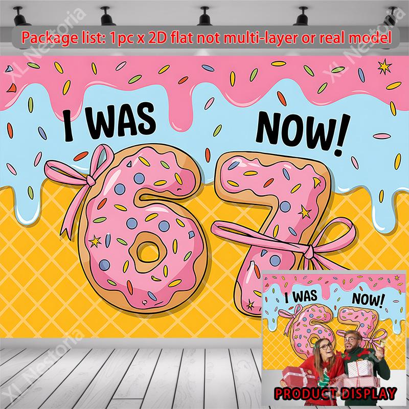 A 2D flat banner with the theme of doughnuts, a birthday celebration event, displaying I was 6 years old, now I m 7 years old! 100x150cm