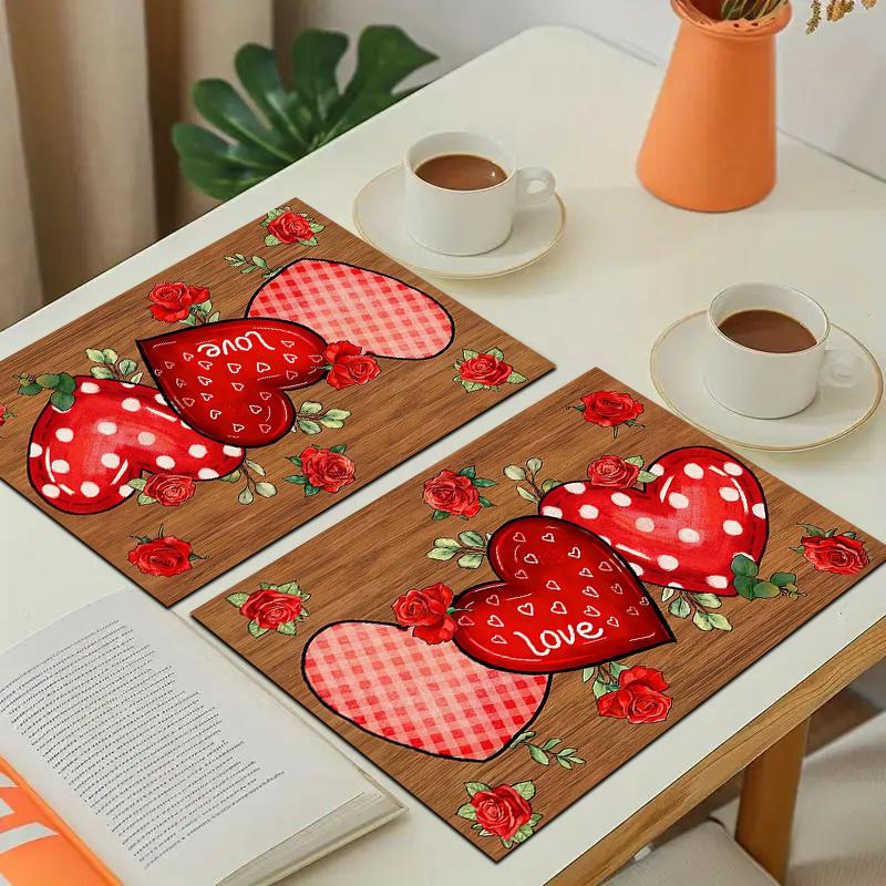 1/2/4/6pcspcs Valentine's Day Placemats Suitable for Party, Elegant Heart & Table Settings, Durable Polyester Square Placemats, Hand Wash Only
