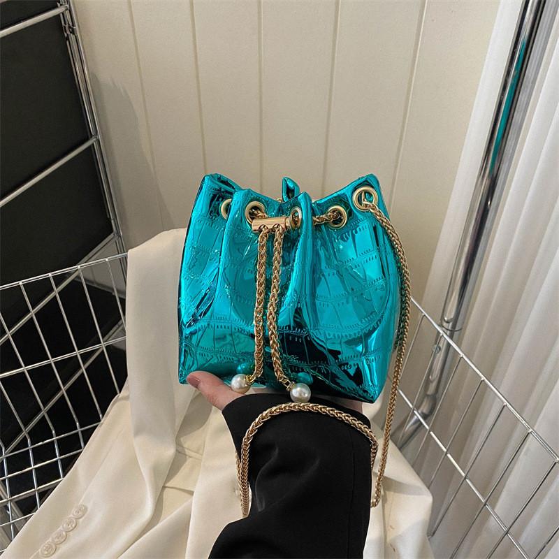 Модная повседневная сумочка Стильная сумка-ведро из ПУ с шикарной цепочкой в различных цветах синий