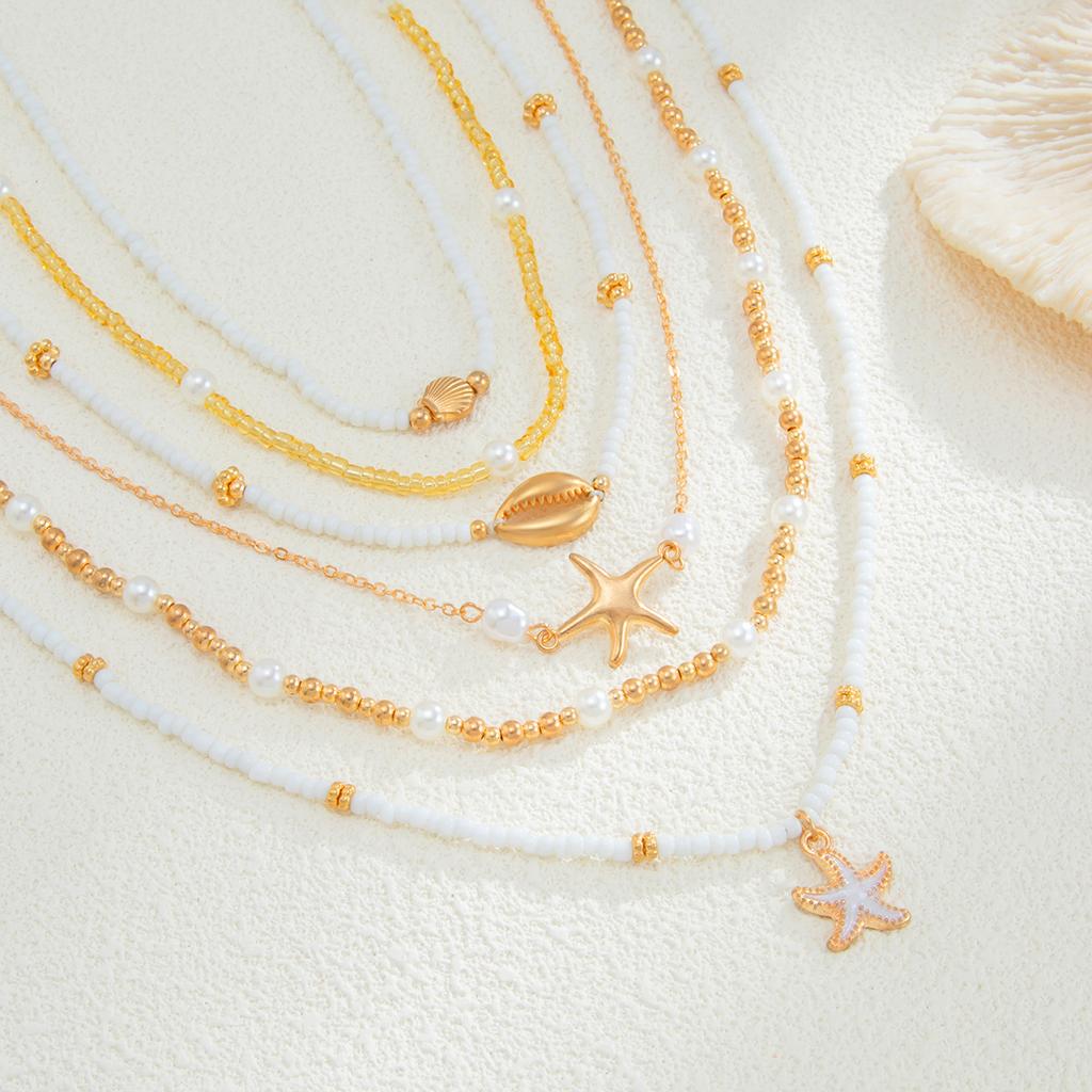 Bohemian Rice Bead Beaded Clavicle Necklace, Holiday Wind Drip Oil Starfish Shell Stacked Necklace