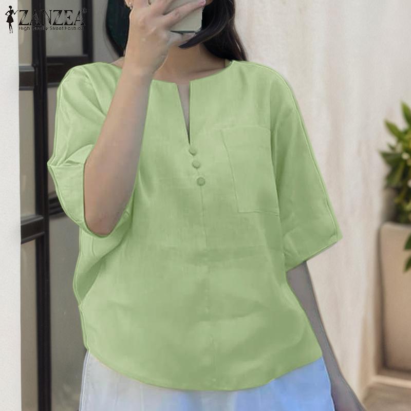 ZANZEA Women Loose Casual Round Neck Solid Color Half Sleeve Blouse