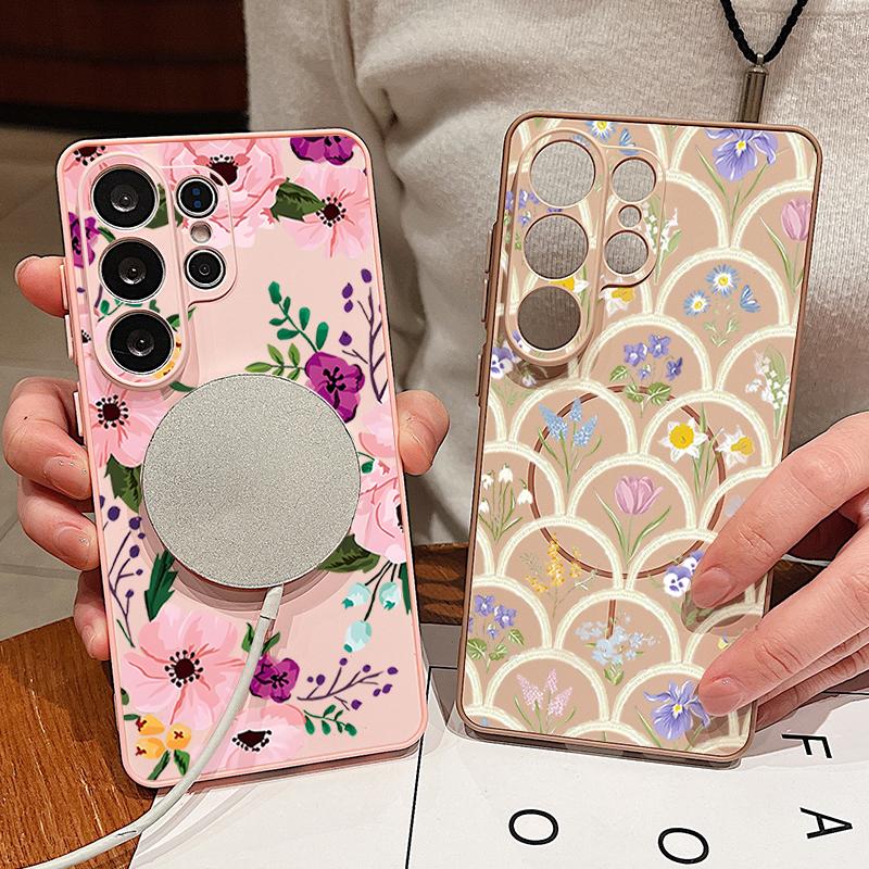 Etui z kwiatowym wzorem lawendy, piwonii i róży dla Samsung Galaxy S26 Ultra S25 Edge S24 Plus S23 FE S22 A17 A54 A55 A56 A57 5G Magnetyczne Pokrowiec dla Magsafe