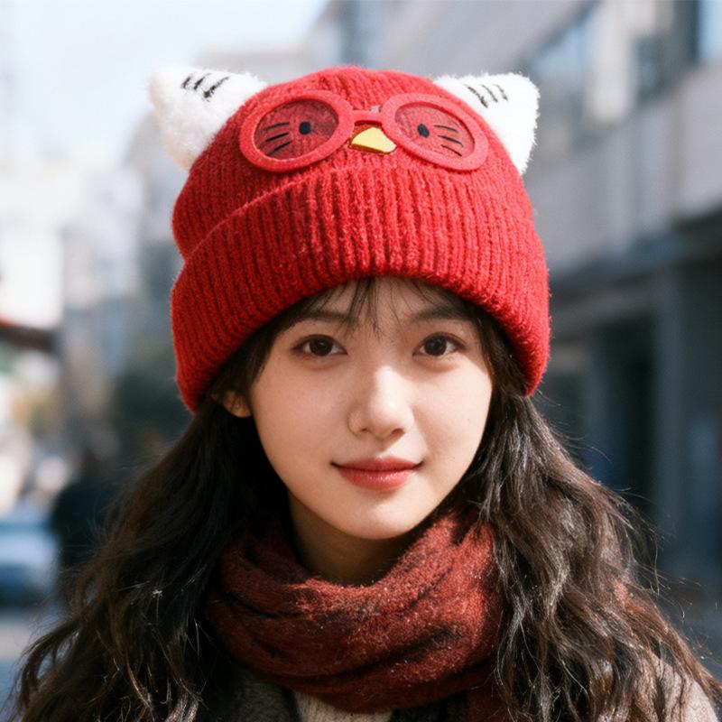 Cute Glasses Cat Ears Hat Women's Autumn and Winter Warm Ear Protection Knitted Hat Showing Face Small Wool Cold Hat