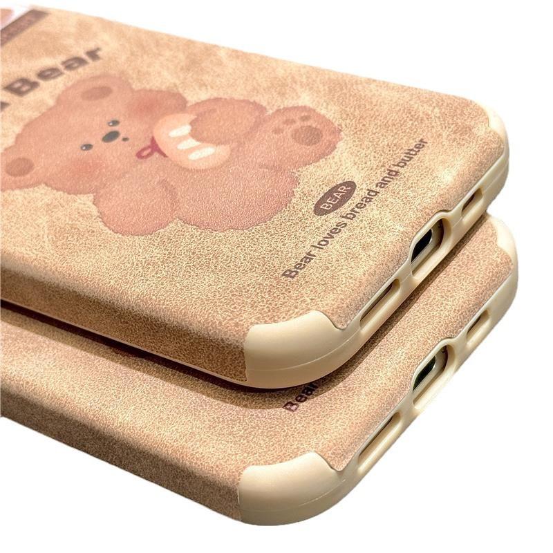 Maillard Style Brown Leather Cute Bread Bear for IPhone16promax for Apple 14 Shell 15 New Style 13