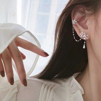Crystal Asymmetry Temperament Flower Ear Clips Women Dangle Earrings Chain Clip Earrings Ear Cuff