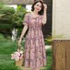 Chiffon Short Sleeve Dress for Stylish Moms, Slimming Waist, Mid-Aged Women's Summer Fashion