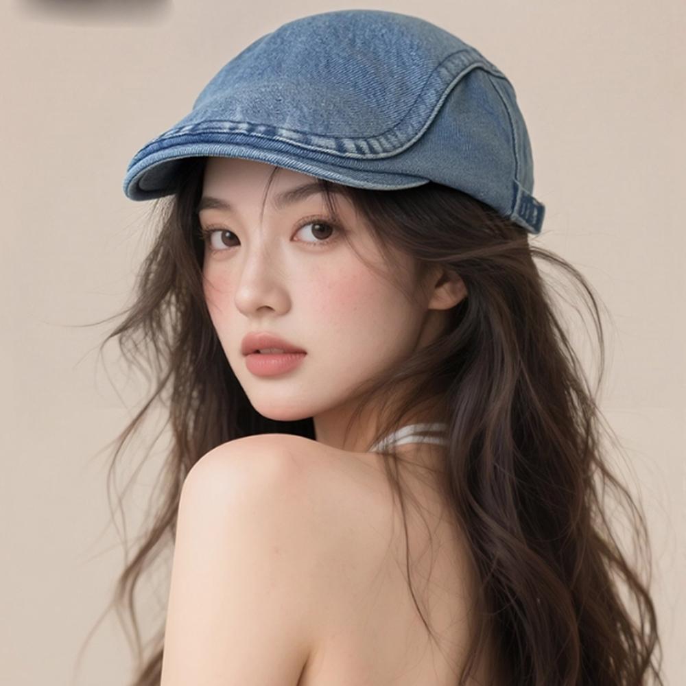 Retro Denim Newsboy Cap Adjustable Forward Flat Hat, Casual Versatile Face Slimming Artist Beret Hat for Men Women
