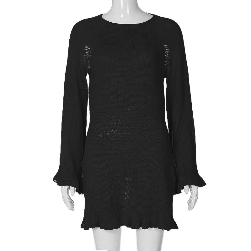 

Fashion Bell Sleeve Knitting Sexy Tether Backless Dress Sexy Knitted Backless Dress Black M