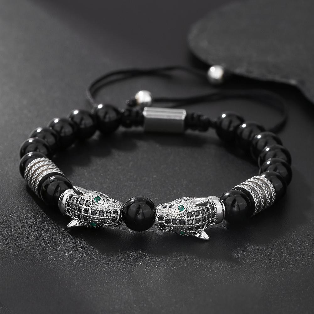 A men's handmade beaded braided bracelet, leopard head vintage jewelry suitable for men's daily wear