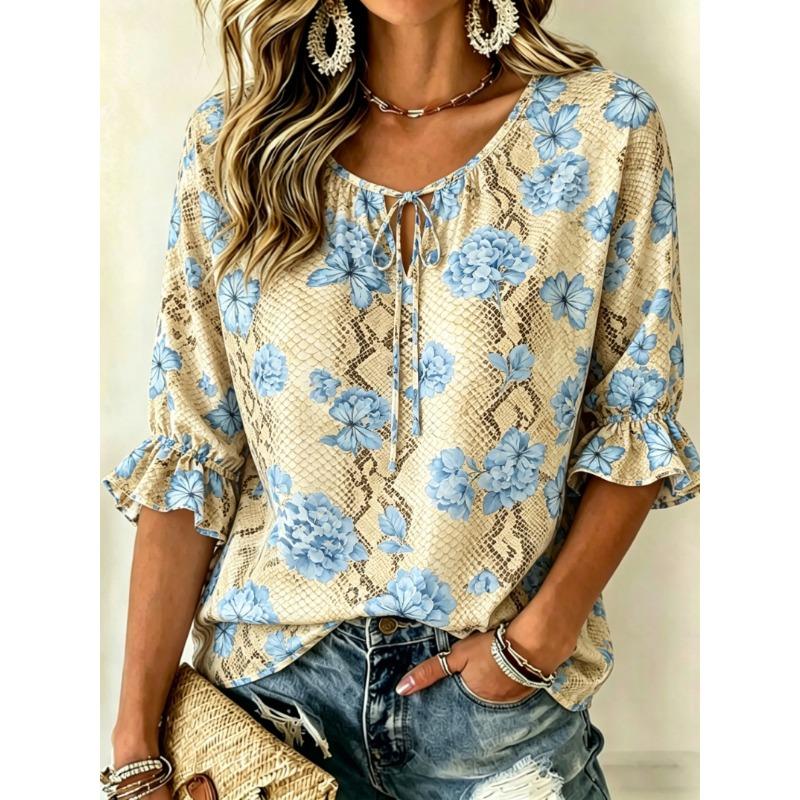 Women's Leopard Print & Orange Floral Tie Front Blouse, Casual Loose Top for Spring Summer Daily Wear