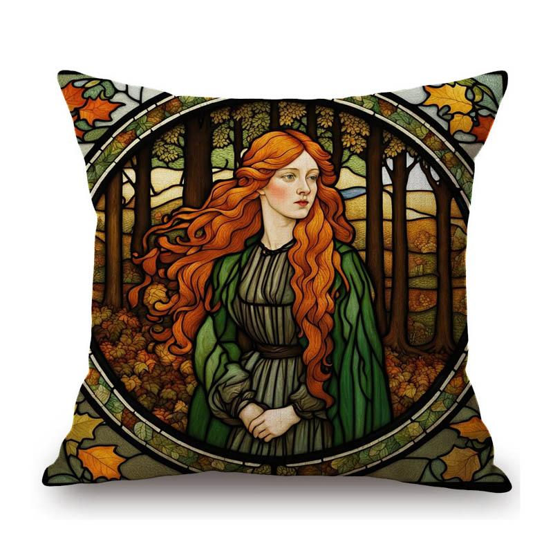 Renaissance Pre-Raphaelitism William Morris Round Stained Glass Window Elegant Lady Girl Decoration Pillow Case Cushion Cover