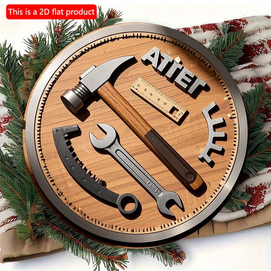 2D Flat 20cm 1pc Dad Father's Day Carpenter tool elements Round Wooden Wall Hanging Decor present, Hammer wrench ruler and Gear pattern Wooden Pendant