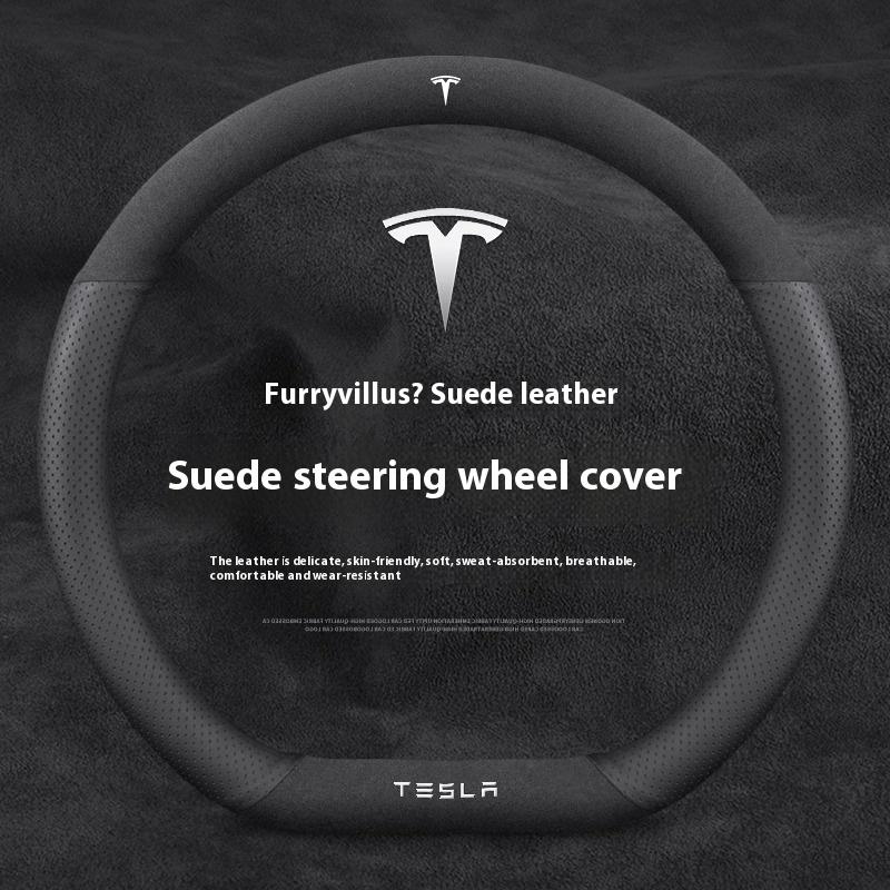 SGD4 For Tesla Model 3 Model Y Model S Model X Roadster Suede Anti-slip Breathable Leather Car Steering Wheel Cover Auto Accessories