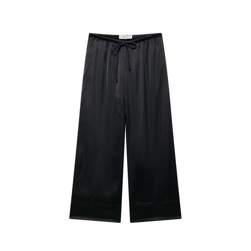 

Fashion Style 2024 Autumn New Women s Clothing Laminated Decoration Silk Satin Texture Long Sleeves V-neck Shirt 3067104 Black pants L