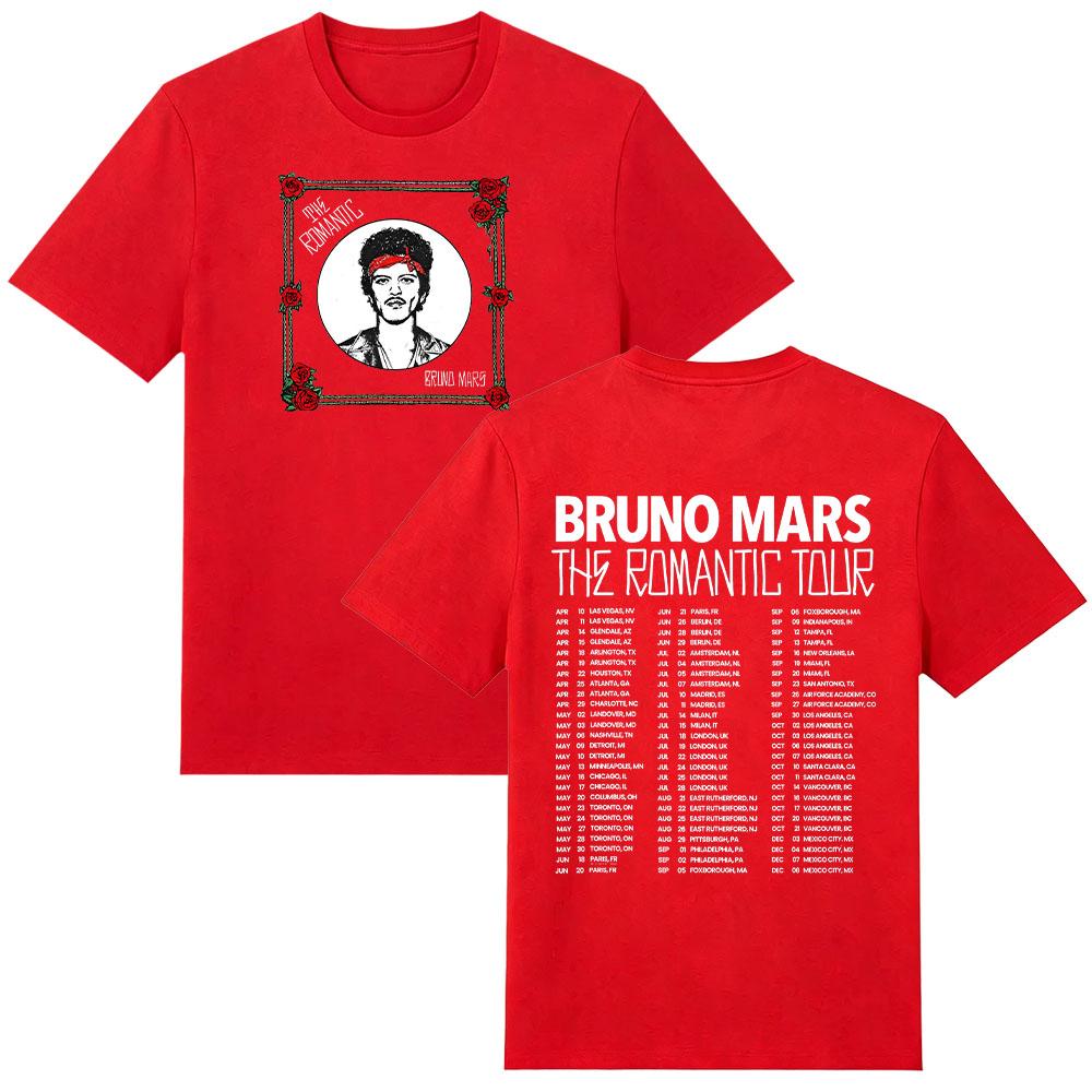 Bruno Mars The Romantic Tour 2026 New Date Tee Red Rose Vintage Graphic Print T Shirts High Quality Cotton Casual Unisex Clothes