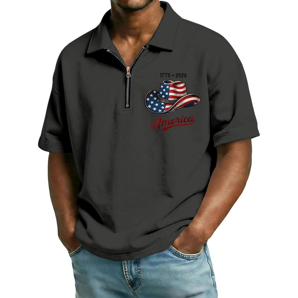 Men's Casual Loose Fit Polo Shirt with Flag and Lettering Print Half Zip Collar Short Sleeve Top for Everyday Wear