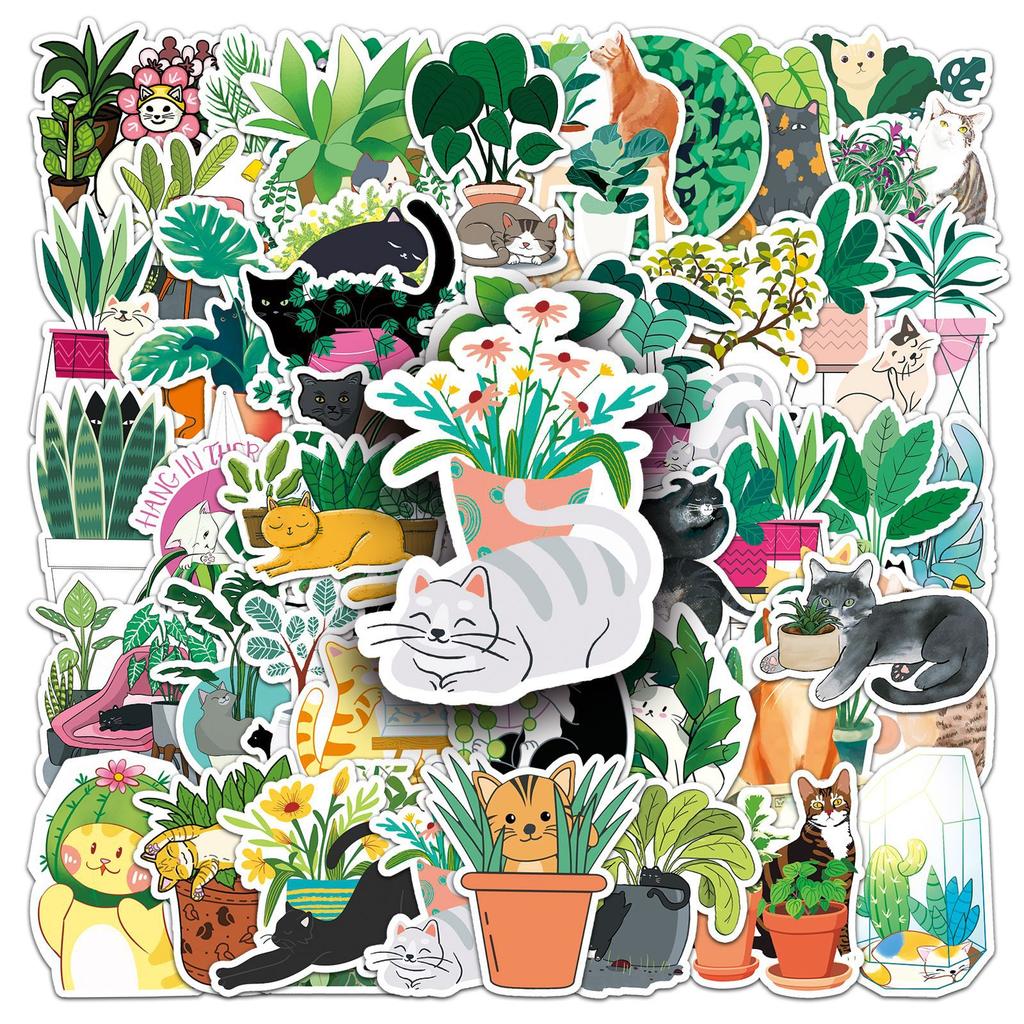 50 Cats and Plants Doodles Personalized Small Fresh Plants Children's DIY Water Cup Suitcase Stickers Waterproof