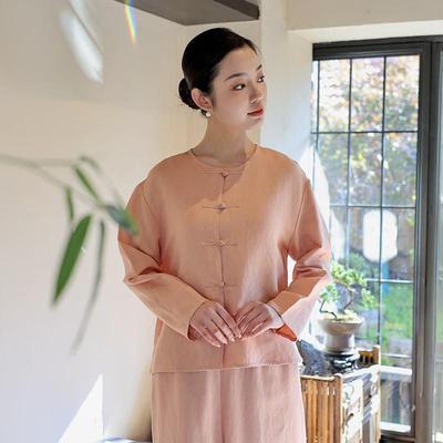 Dámské košile v čínském stylu, s kulatým výstřihem, s dlouhým rukávem, jednobarevné, s knoflíky, jarní, vintage