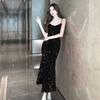 French Celebrity Suspender Dress Women's Dress Party Robe Birthday Sexy Sequins V-Neck Waist Fishtail Dress