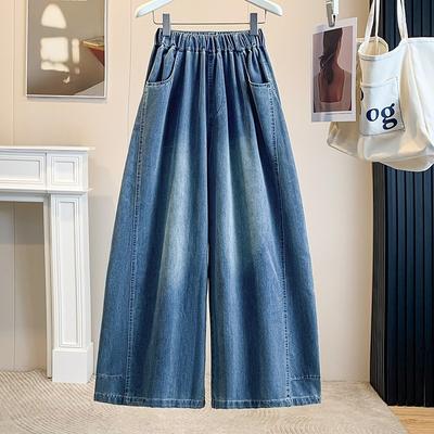 DIMANAF 2026 Summer New Plus Size Women Jeans Wide Leg Long Pants Denim Pants Cotton Casual Trousers Blue Waist Elastic