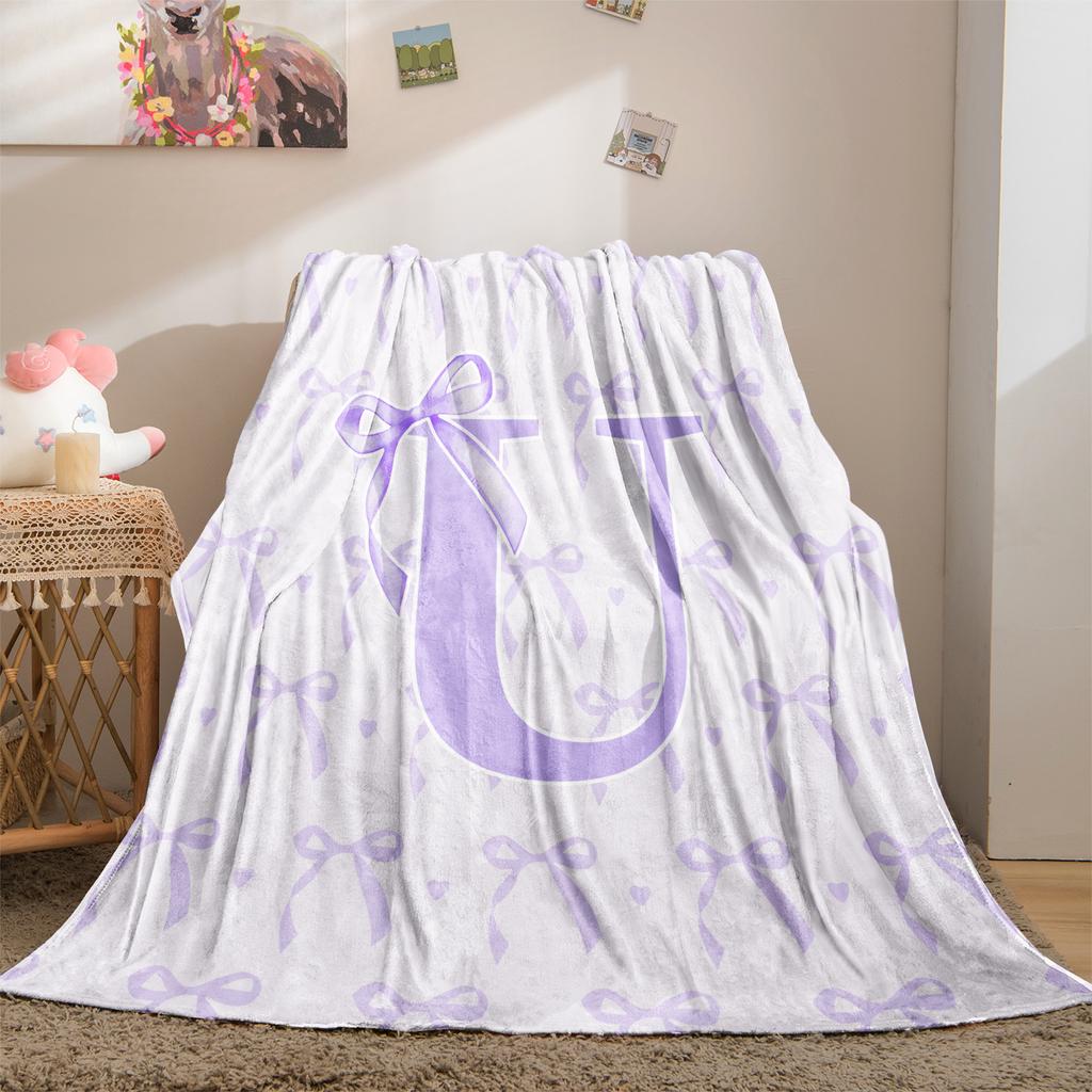 Soft Purple Bow Print Letter U to Z Blanket Warm Cozy Portable Flannel Blanket for Home Camping Travel Gift for Girls Boys