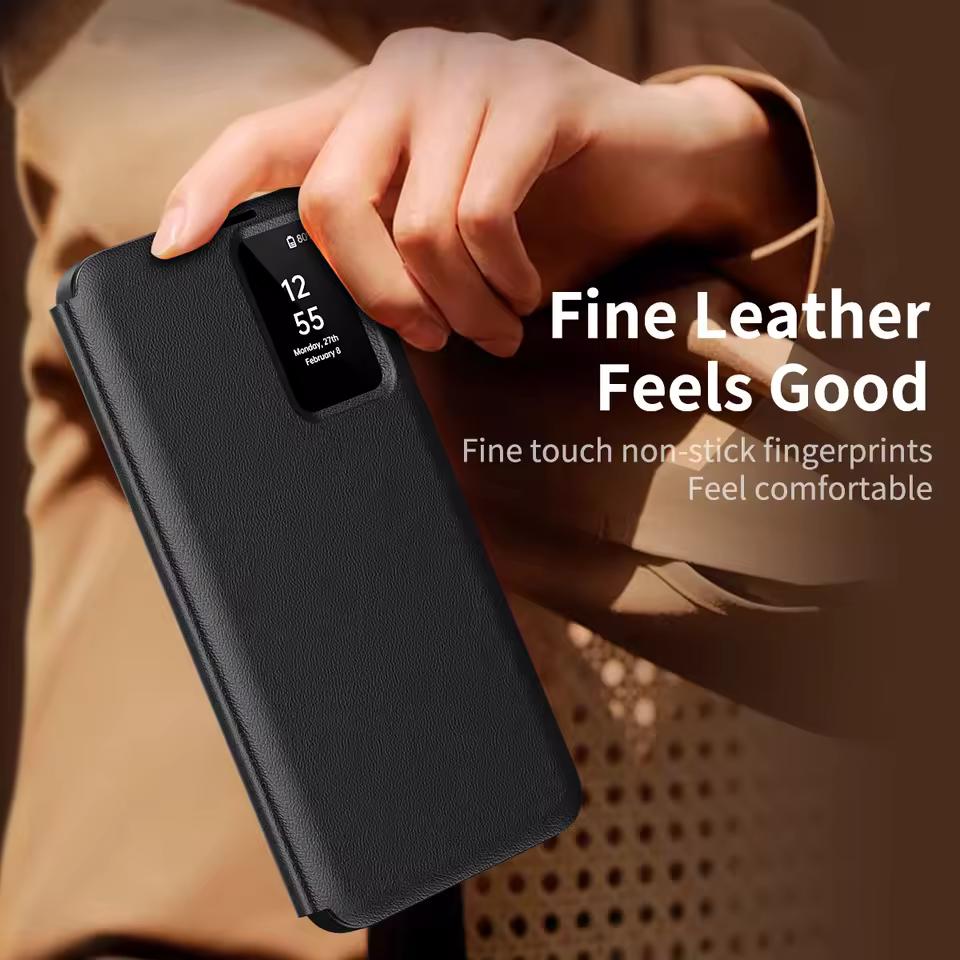 For Samsung Galaxy S26 Ultra S24 FE S25Plus Flip Case Original Business Leather Card Pocke Flip Smart Display Transparent Window Anti-fall Protect