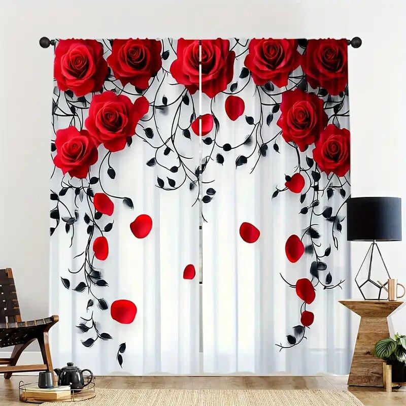 

Red Rose Art Pole Bag Curtains Bedroom Kitchen Decoration Home Living Room Made Of Polyester Great Decor W100*H70(CM)-Grommet top&1PCS