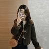 2025 Women's Coffee Color Lapel Suede-Leather Lambswool Coat - Velvet Lined, Thick, Short Winter Jacket
