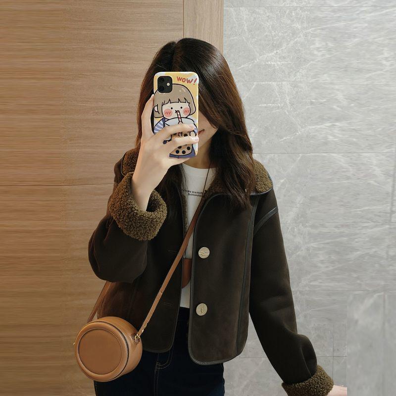 2025 Women's Coffee Color Lapel Suede-Leather Lambswool Coat - Velvet Lined, Thick, Short Winter Jacket