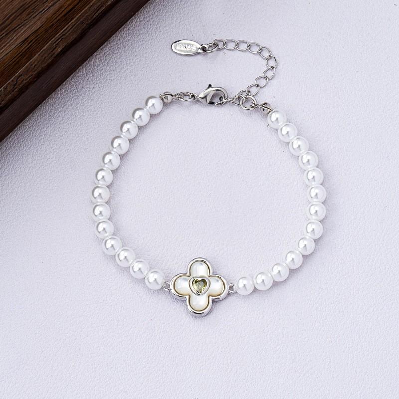Geometric Flower Necklace Set With Mother Of Pearl Pendant Zircon Studs Women Copper Chain Jewelry Bracelet