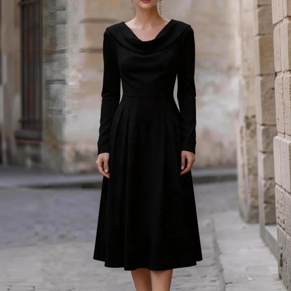 Damen Satin Langarm Midi Kleid mit Wasserfall-Ausschnitt und tailliertem Bund für Abendparty Formelle Anlässe