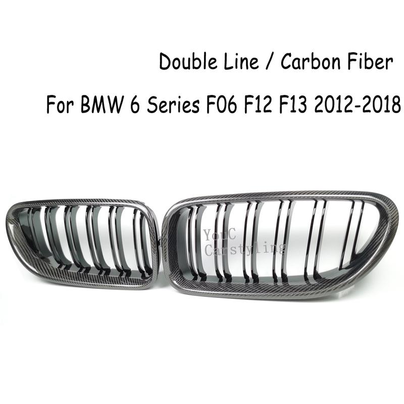 F06 Real Carbon Fiber +ABS Double Line Grills Front Bumper Grille For BMW 6 Series F06 M6 F12 F13 2012-2018 630i 640i 650i