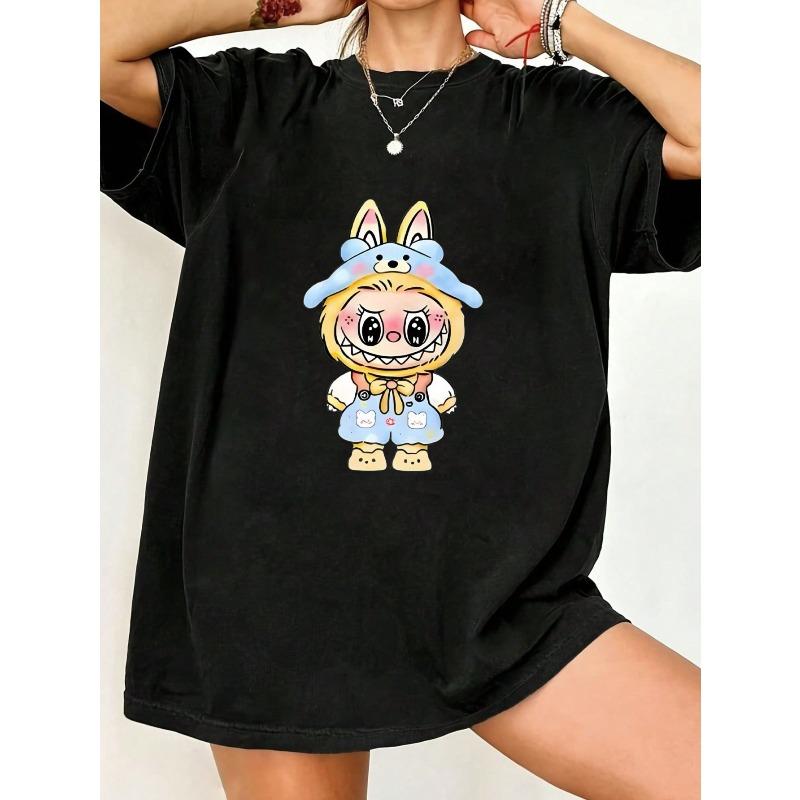 Cute Cartoon Bunny Oversized T Shirt Black Kawaii Rabbit Character Print For Casual Wear And Everyday Style