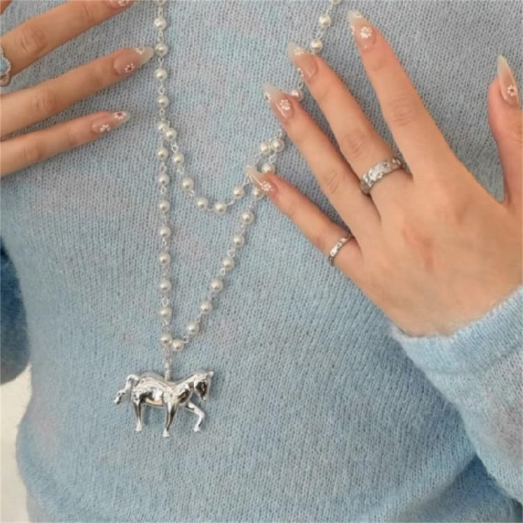 Long Chain Horse Pendant Pearls Necklace Designed for Easy Layering Alongside Other Chains in Fashion Styles